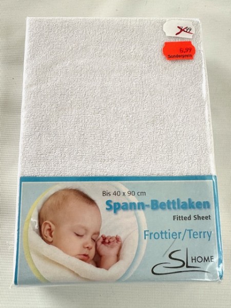 1x Spannlaken 40x90 cm - Frottier - weiss - für kleine Matratzen (rechteckig und oval) von Kinderwagen, Stubenwagen und Wiege