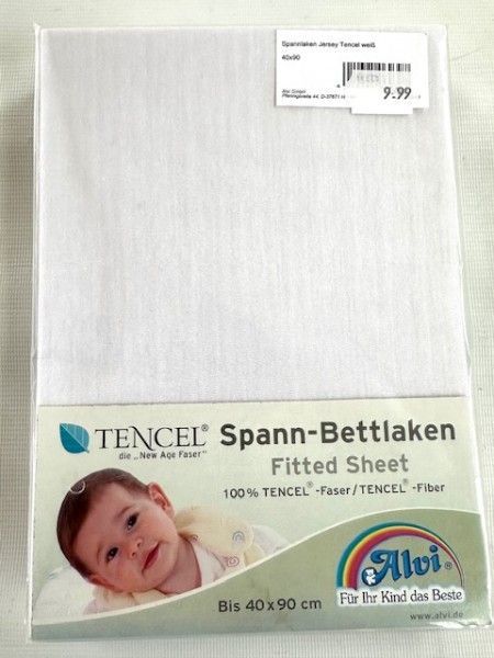 1x Alvi Spannlaken 40x90 cm - Tencel - weiss - für kleine Matratzen (rechteckig und oval) von Kinderwagen, Stubenwagen und Wiege